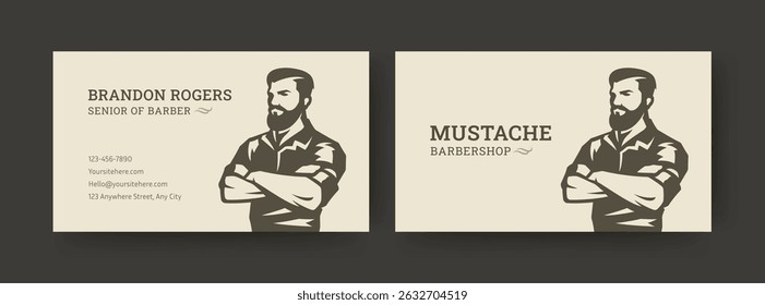 Modern brown and beige business card design featuring a stylish barber illustration. Perfect for barbershop branding, this template includes contact details and a mustache logo. Vector illustration