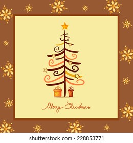 modern brown christmas tree with christmas presents illustration greeting card