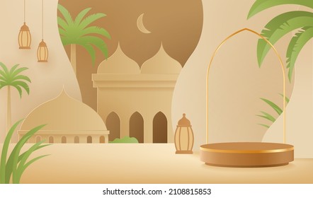 Modern brown islamic podium with dates leaf or palm tree, mosque, and  traditional lantern paper cut theme for islamic festivities, ramadhan, hijr, haj, social media. realistic vector