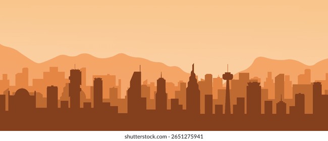 Modern brown panoramic poster of urban landscape. City skyline background showcasing buildings, and majestic mountains fading into morning horizon. Modern architectural panorama vector illustration