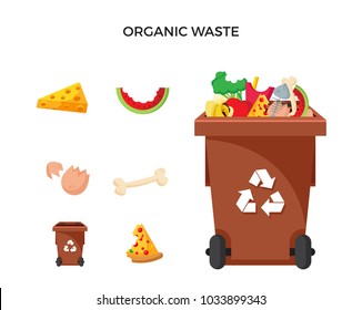 Modern Brown Recycle Organic Waste Garbage Bin And Trash Object Illustration Set, Suitable For Illustration, Book Graphics, Icons, Game Asset, And Other Recycle Related Activities.