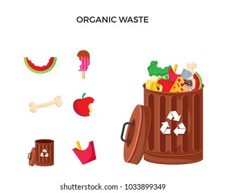 Modern Brown Recycle Organic Waste Garbage Bin And Trash Object Illustration Set, Suitable For Illustration, Book Graphics, Icons, Game Asset, And Other Recycle Related Activities.