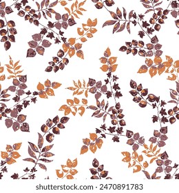 Modern brown seamless pattern with leaves. Raster illustration. branches with leaves on white background. seamless pattern.