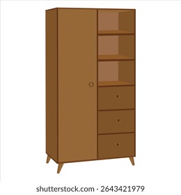 Modern Brown Wooden Cabinet with Open Shelves and Drawers – Minimalist Cupboard Organizer Vector for Home Interior Storage, Closet Wardrobe Furniture Design Illustration

