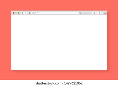 Modern Browser Window Design Isolated On Living Coral Background. Web Window Screen Mockup. Internet Empty Page Concept With Shadow. Vector Illustration