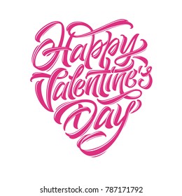 Modern brush calligraphy on St. Valentine day congratulation. Typography Happy Valentine's Day in the form of heart. Vector illustration on white isolated background.