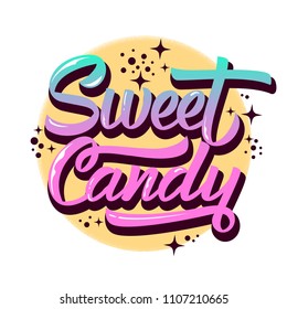 Modern brush lettering. Colorful hand lettering "Sweet candy" isolated on white background.