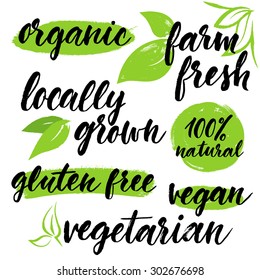 Modern brush lettering. Handwritten words - organic, farm fresh, locally grown, gluten free, vegan, vegetarian, 100% natural. Ink hand lettering. Hand drawn leaves and brush strokes with rough edges.