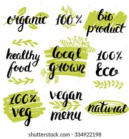 Modern brush lettering. Handwritten words - organic, bio ptoduct, locally grown, healthy food, vegan menu, 100% natural. Ink hand lettering. Hand drawn leaves and brush strokes with rough edges.