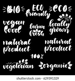 Modern brush lettering. Handwritten words - organic, farm fresh, locally grown,vegan food,BIO,ECO,natural product,ECO friendly, vegetarian.