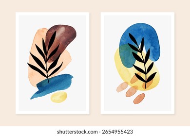 Moderno pincel traçado e aquarela manchas cartazes de arte conjunto. Design minimalista de pôster de arte de parede. Coberturas de meados do século com manchas de tinta aquarela e folhas.