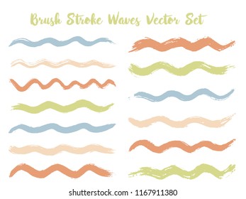 Modern brush stroke waves vector set. Hand drawn green brown brushstrokes, ink splashes, watercolor splats, hand painted curls. Interior colors guide book swatches. Textured waves, stripes design.
