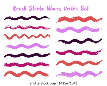 Modern brush stroke waves vector set. Hand drawn purple red brushstrokes, ink splashes, watercolor splats, hand painted curls. Interior colors scheme samples. Summer design paint brush curves.