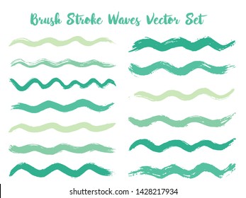 Modern brush stroke waves vector set. Hand drawn teal brushstrokes, ink splashes, watercolor splats, hand painted curls. Interior colors guide book swatches. Summer design paint brush curves.