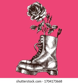 Modern brutal boot with rose. Hand-drawn vector illustration for your poetic design.