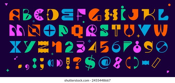 Modern brutal font, geometric swiss type. Vector alphabet, bold aesthetic typeface, english typography abc colorful letters, punctuation symbols and numbers. Brutalism uppercase creative vibrant font