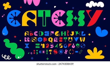 Modern brutal font or geometric Swiss type and Y2K abstract typeface, vector English alphabet. Creative modern brutal font of colorful letter in geometric cartoon shapes, modern creative ABC typeface