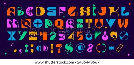 Modern brutal font, geometric swiss type. Vector alphabet, bold aesthetic typeface, english typography abc colorful letters, punctuation symbols and numbers. Brutalism uppercase creative vibrant font