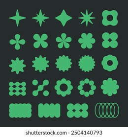 Modern brutalism shapes. Geometric contemporary y2k figures, bauhaus graphic elements, star, circle and flower shapes flat vector Illustration set. Abstract design shapes collection