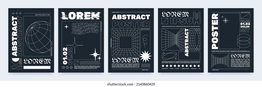 Modern brutalism style posters with geometric shapes and abstract forms. Trendy minimalist monochrome print with simple figures and swiss graphic elements, vector streetwear poster template set