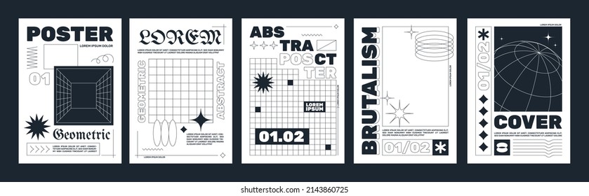 Modern brutalism style posters and geometric shapes   abstract forms  Trendy minimalist monochrome print and simple figures   swiss graphic elements  vector poster template set