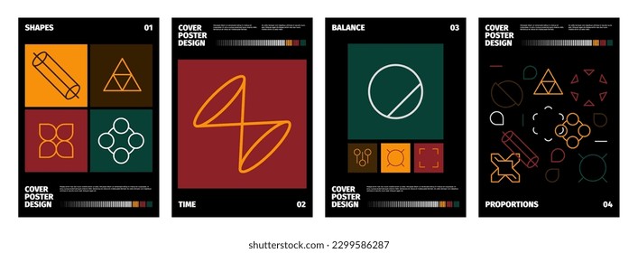 Modern brutalist covers. Abstract minimalistic modern typography posters, geometric simple silhouettes bauhaus artistic poster design. Vector set. Contemporary art with basic shapes