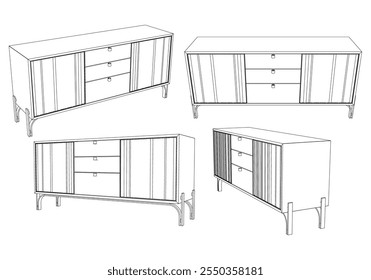 Moderno Buffet Gabinete Ilustração Vetorial em Line Art. Ideal para Decoração de Casa, Livros de Coloração e Conceitos de Design de Interiores