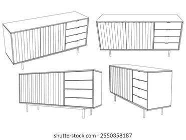 Moderno Buffet Gabinete Ilustração Vetorial em Line Art. Ideal para Decoração de Casa, Livros de Coloração e Conceitos de Design de Interiores