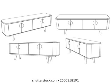 Moderno Buffet Gabinete Ilustração Vetorial em Line Art. Ideal para Decoração de Casa, Livros de Coloração e Conceitos de Design de Interiores