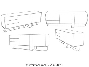 Moderno Buffet Gabinete Ilustração Vetorial em Line Art. Ideal para Decoração de Casa, Livros de Coloração e Conceitos de Design de Interiores