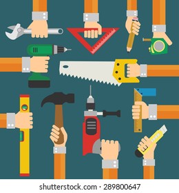 Modern Builders flat background with hand. Vector illustration