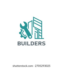 Logotipo de constructores modernos con una llave inglesa, equipo y estructura de construcción para empresas de construcción, servicios de reparación, empresas de ingeniería y marca de contratistas.