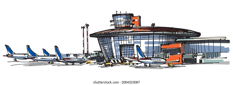 Modern building at the airport. Parked airplanes ready to taxi for departure  - hand drawn sketch