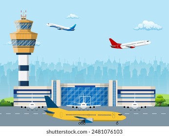 Edificio moderno de terminal del aeropuerto con torre de control. Pista con aviones. Ilustración vectorial en estilo plano