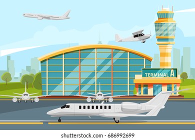 Modern building of airport terminal with control tower. Runway with planes