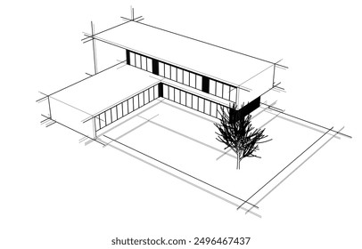 Modern building architectural drawing 3d rendering