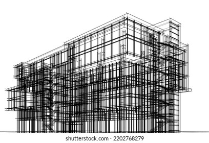 Modern building architectural drawing vector illustration