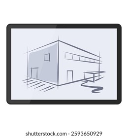 Modern building architectural sketch on a digital tablet, building and construction concept