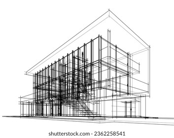 Modern building architectural sketch vector illustration
