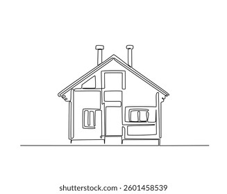 Modern building architecture outline drawing illustration. one continuous line drawing of house with chimney.