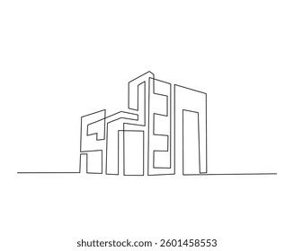Modern building architecture outline drawing illustration. one continuous line drawing of apartment, house or commercial building.