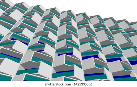 Modern building with balconies, architecture 3d illustration