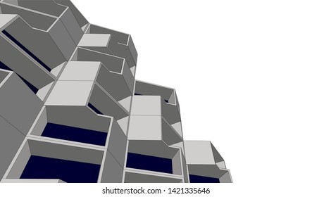 Modern building with balconies, architecture 3d illustration