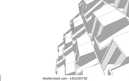 Modern building with balconies, architecture 3d illustration