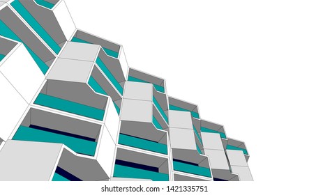 Modern building with balconies, architecture 3d illustration