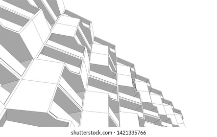 Modern building with balconies, architecture 3d illustration