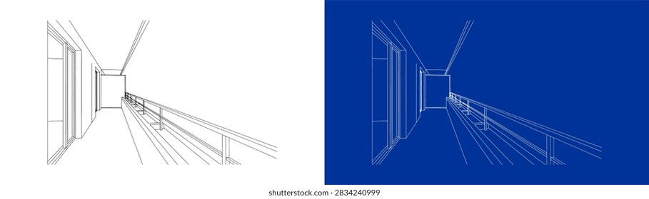 Modern Building Balcony Corridor Perspective Line Art Blueprint Vector Set