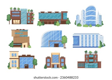 Modern building blocks vector illustrations set. Skyscrapers, office towers and apartment buildings with green zones for working in business district. Architecture, cityscape, construction concept