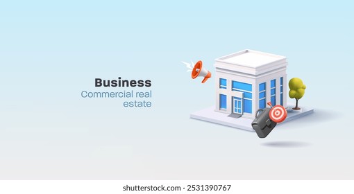 Modern building, briefcase, target, loudspeaker, 3D. For business, commercial real estate, and large and small businesses. Vector