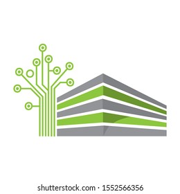 modern building and circuit board shaped tree, vector